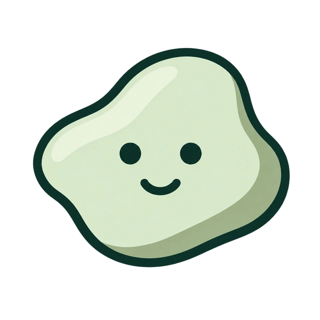 Flou, una membrana verde de formas orgánicas, ojos redondeados y una sonrisa amable.