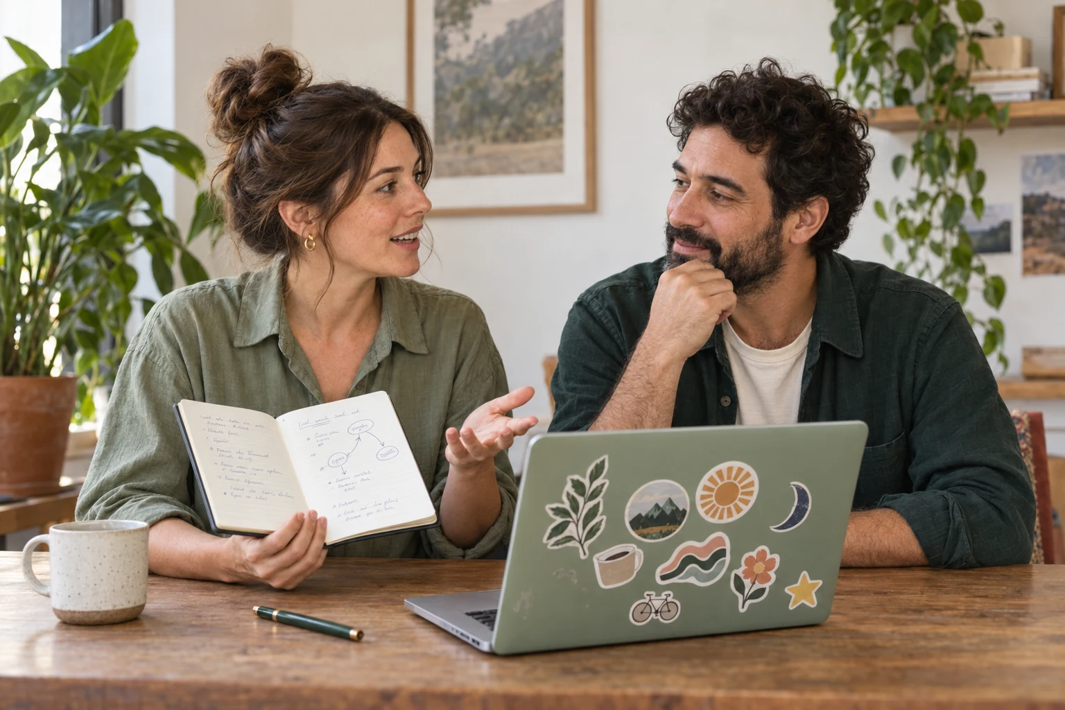 Dos personas conversan sobre una libreta de trabajo junto a una laptop con stickers.